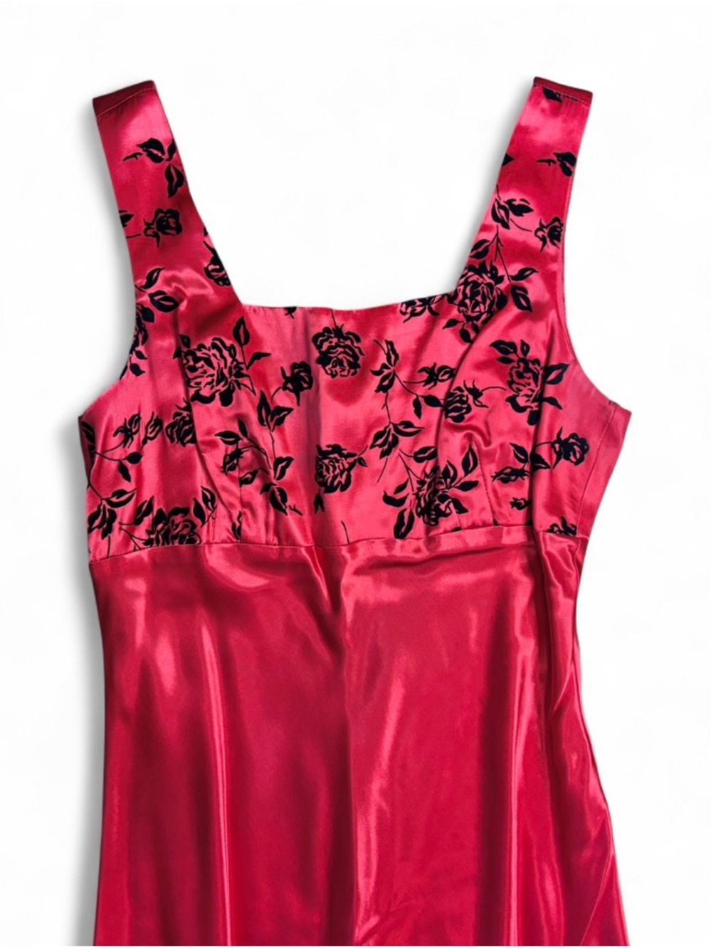Elegant Be Smart Vintage/ Y2K Red Floral Satin Prom Dress Black Velvet Details